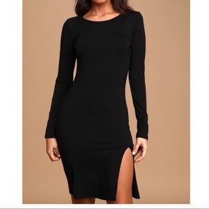 Black Long Sleeve Jersey Knit Dress with Side Slit